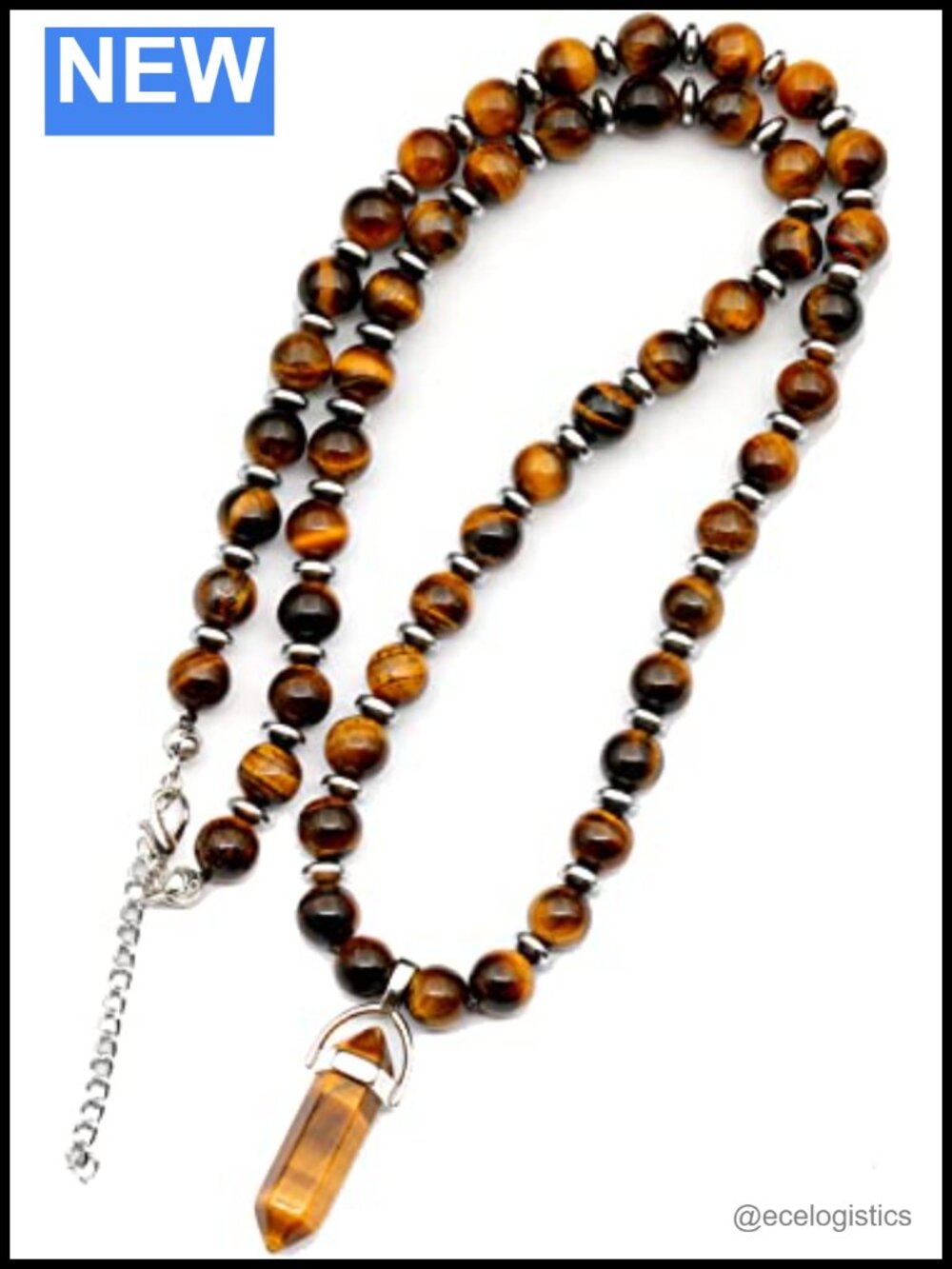 Handmade Tiger Eye Beaded Necklace with Hematite Spacers, 8mm Point Pendant,
